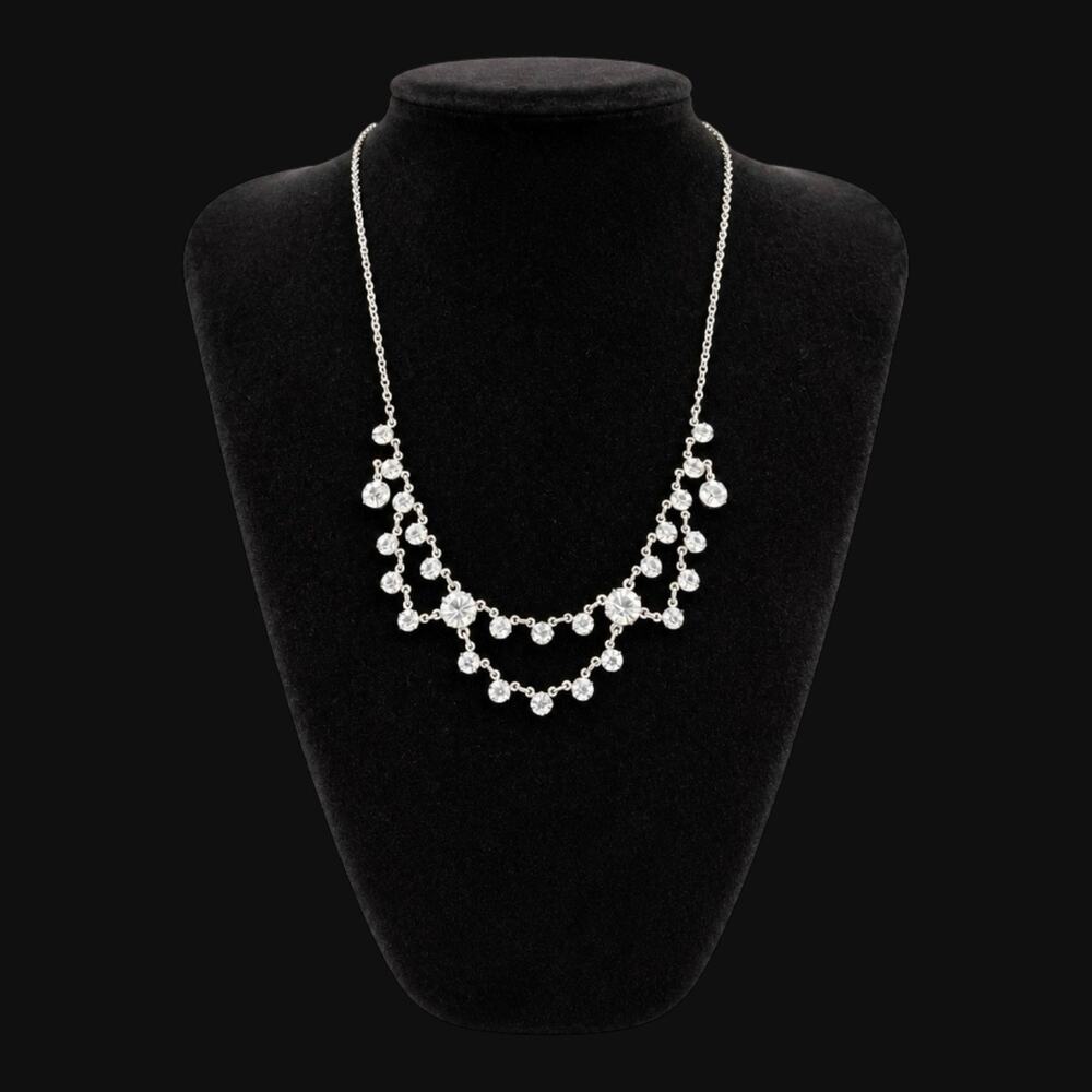 Art Deco Sterling Silver Double Festoon Rhinestone Choker Necklace 14.5" 1930s